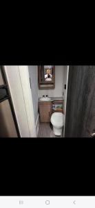 un piccolo bagno con servizi igienici e specchio di Island Breeze RV a Covington