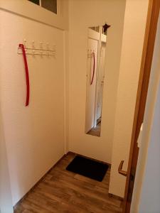 a hallway with a mirror and a door with red handles at Gohrischstein Blick in Rathmannsdorf +8 photos