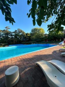 シエラ・デ・ラ・ベンターナにあるCabañas Ojo de Aguaの白いベンチ(スイミングプールの横)