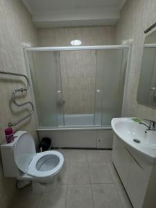 a bathroom with a shower and a toilet and a sink at 41-40 этаж Отель Bon Dian in Astana +11 photos