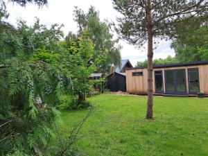 a house in a yard with a tree at Nuthatch Lodge in King's Lynn