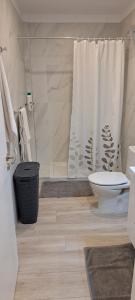 ein Bad mit einem Duschvorhang und einem WC in der Unterkunft Casa Mirador in Alcalá + 30 Fotos