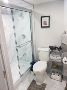 a bathroom with a toilet and a shower at Velohome - 3-Bed, 2-Bath Home in Milton +43 photos