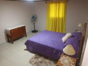 a bedroom with a purple bed and a yellow curtain at Doña clotilde in Sierra de la Ventana