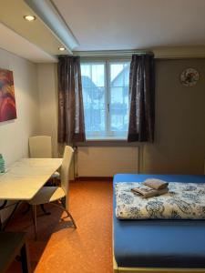 a room with a bed and a table and a window at Hotel Bären Amriswil in Amriswil