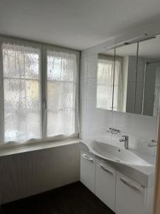 a white bathroom with a sink and a mirror at Hotel Bären Amriswil in Amriswil