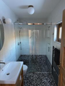 a person taking a picture of a bathroom with a shower at Vila Hraničná in Janov nad Nisou +44 photos