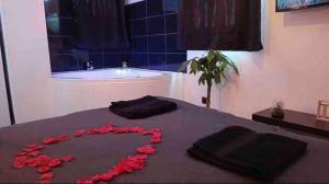 a bathroom with a bed with red roses on it at Love room Buenas noches SPA et bord de mer in La Seyne-sur-Mer +25 photos