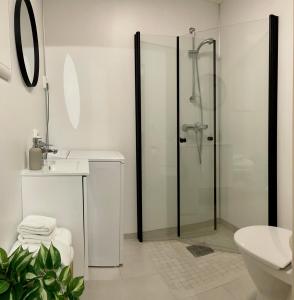 une salle de bains avec douche, toilettes et lavabo dans l'établissement Modern apartment Kvaløya, à Kvaloysletta