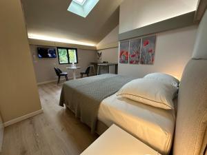 a bedroom with a bed and a desk and a window at L'Esquisse Coquelicot - Parking Clim Netflix Canal in Milhaud