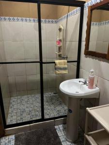 a bathroom with a shower and a sink at Cabinas Villa Drake in Drake
