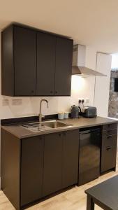a kitchen with black cabinets and a sink at Cosy studio on traditional Durham street in Durham