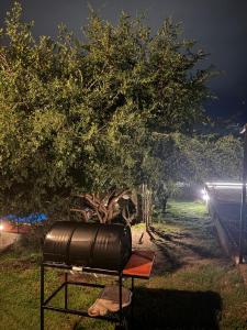 a barrel sitting on a table under a tree at vistas del valle in Villa Carlos Paz