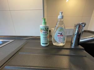 two bottles of detergent sitting on a kitchen sink at LS01 Deluxe Apartment, voll ausgestattet, zentral, groß in Magdeburg +49 photos