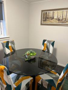 グリーノックにあるSpacious two bedroom apartment, entire placeのガラスのテーブル(椅子付)と鉢植えの植物