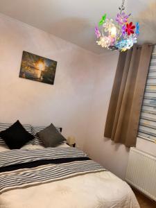 a bedroom with a bed and a chandelier at Home Guest - Apartment 1 in Oradea