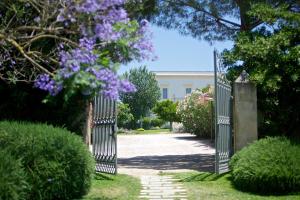 une porte dans un jardin avec des fleurs violettes dans l'établissement Masseria Li Foggi, à Gallipoli