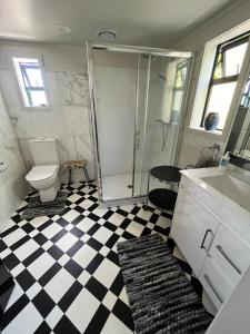 a bathroom with a shower and a toilet and a checkered floor at Unique city bungalow in Whangarei +9 photos