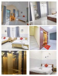a collage of four pictures of a hotel room at Nhà Nâu Homestay DL- by BAY LUXURY in Da Lat