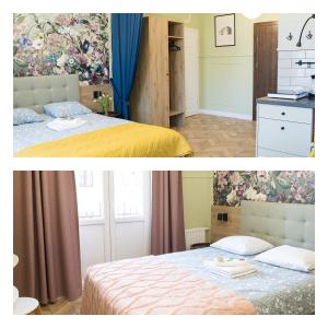 two pictures of a bedroom with a bed at Petite Visite No 18A i 18B in Toruń