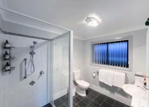 a bathroom with a shower and a toilet and a sink at Cozy on north in Armidale