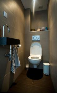ein kleines Badezimmer mit Toilette und Waschbecken in der Unterkunft bij Miep in Egmond aan Zee + 9 Fotos