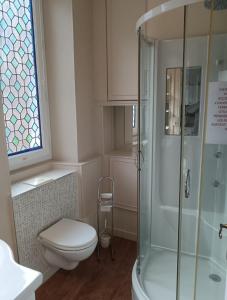 a bathroom with a toilet and a glass shower at Appartement Eaux-Bonnes in Eaux-Bonnes
