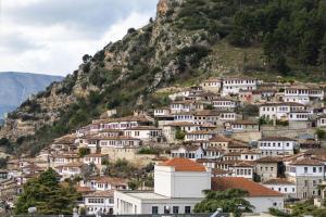 a village on a hill with white houses at MERKO HOTEL in Berat