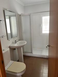 a bathroom with a toilet and a sink and a shower at Nice apartment in the center of Seville in Seville +5 photos