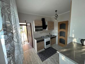a kitchen with a stove and a counter top at Agroturystyka Willy in Sarnowo