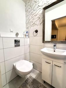 a bathroom with a toilet and a sink and a mirror at Akureyri Center Rooms in Akureyri +3 photos