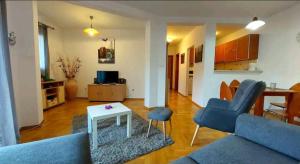 a living room with a blue couch and a table at Sea & Mountain View Apartment in Budva