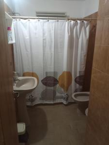 a bathroom with a sink and a toilet and a shower curtain at Casa Céntrica in Cosquín