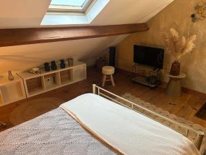 a attic room with a bed and a television at Studio en campagne Chez Maga in Foëcy