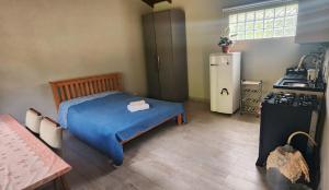 a bedroom with a blue bed and a refrigerator at Suíte Parque Barigui in Curitiba