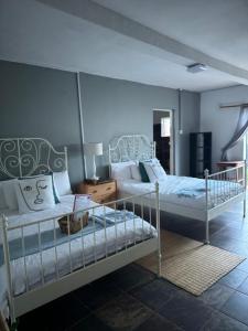 a bedroom with two beds and a table with a lamp at Buckswood Hilltops in Stegi