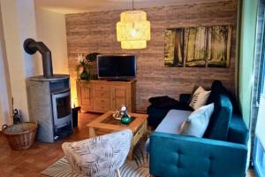 a living room with a blue couch and a wood stove at Lieblingsstück in Tanne