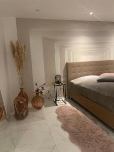 a bedroom with a bed and a rug at Moderne, ruhige Ferienwohnung , ideal zum Abschalten in Hadamar