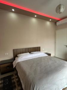 a bedroom with a large bed with a red ceiling at Tirana Rent Apartment in Tirana