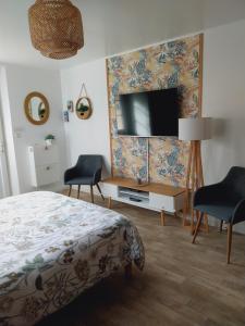 una camera da letto con un letto e una TV a schermo piatto di superbe grand studio tout confort avec exterieur a Poussan