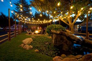 a group of people sitting in a yard with lights at Alamo Motel in Los Alamos