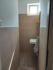 a small bathroom with a sink and a shower at Aminyaralónk in Balatonmáriafürdő