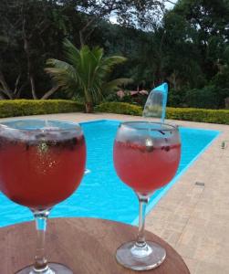 zwei Weingläser auf einem Tisch neben einem Pool in der Unterkunft Nosso cantinho, Pedaço do paraíso na Natureza in Simão Pereira