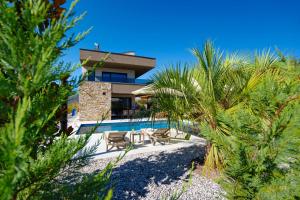 a house with a swimming pool and some palm trees at Villa Pieron&Bavigo with Pool, Jacuzzi and Sauna in Marčana