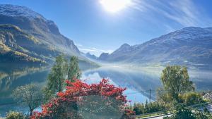 a view of a lake in a valley with mountains at Solvik #apartment #Loen in Loen