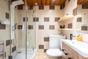 a bathroom with a shower and a toilet and a sink at Laetitsnow Moutiers Ski & Comfort in Moutiers +17 photos