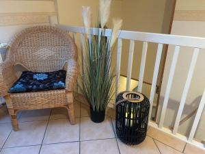 a chair with a pillow sitting next to a plant at Ferienhof Eckhoff in Fehmarn