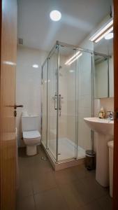 ein Badezimmer mit Dusche, Toilette und Waschbecken in der Unterkunft Casa Del Mar in San Vicente de la Barquera