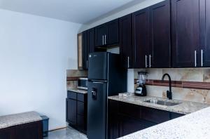 a kitchen with black cabinets and a black refrigerator at Villas Hillside apt 1 in Santa Bárbara de Samaná