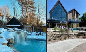 two pictures of a house in the snow with a waterfall at Cozy Barrie Home - Minutes to College & Hospital in Barrie